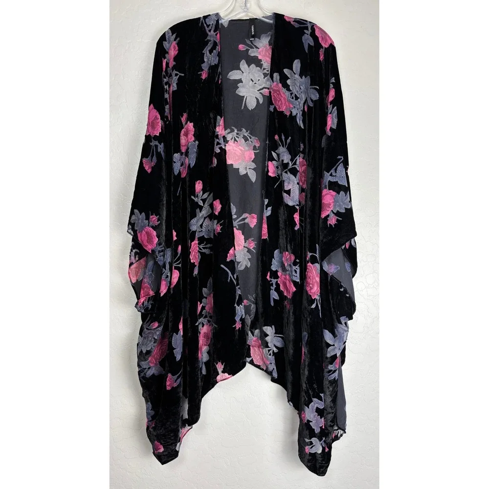 Torrid Floral Velvet Kimono Black Pink Rose Burnout Open Front One Size 2226
